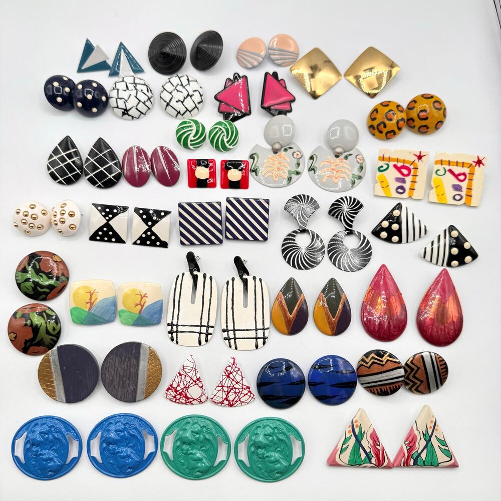 Huge 80s Vintage Earring Lot Retro Kitschy Quirky Campy Bright Geometric Fun